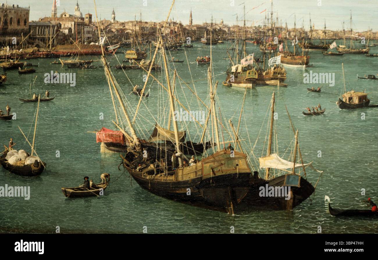 Bacino di San Marco, Venise d'Antonio Canaletto (1697-1768). Cette peinture est un exemple classique de vedutismo vénitien, ou « peinture de vue », pour lequel Canaletto est réputé. Ses représentations détaillées et souvent dramatiques du Grand canal de Venise et de ses différents bassins ont été très recherchées par les grands touristes, offrant une représentation idéalisée mais précise de la vie maritime et de la splendeur architecturale de la ville. c. 1738. Banque D'Images