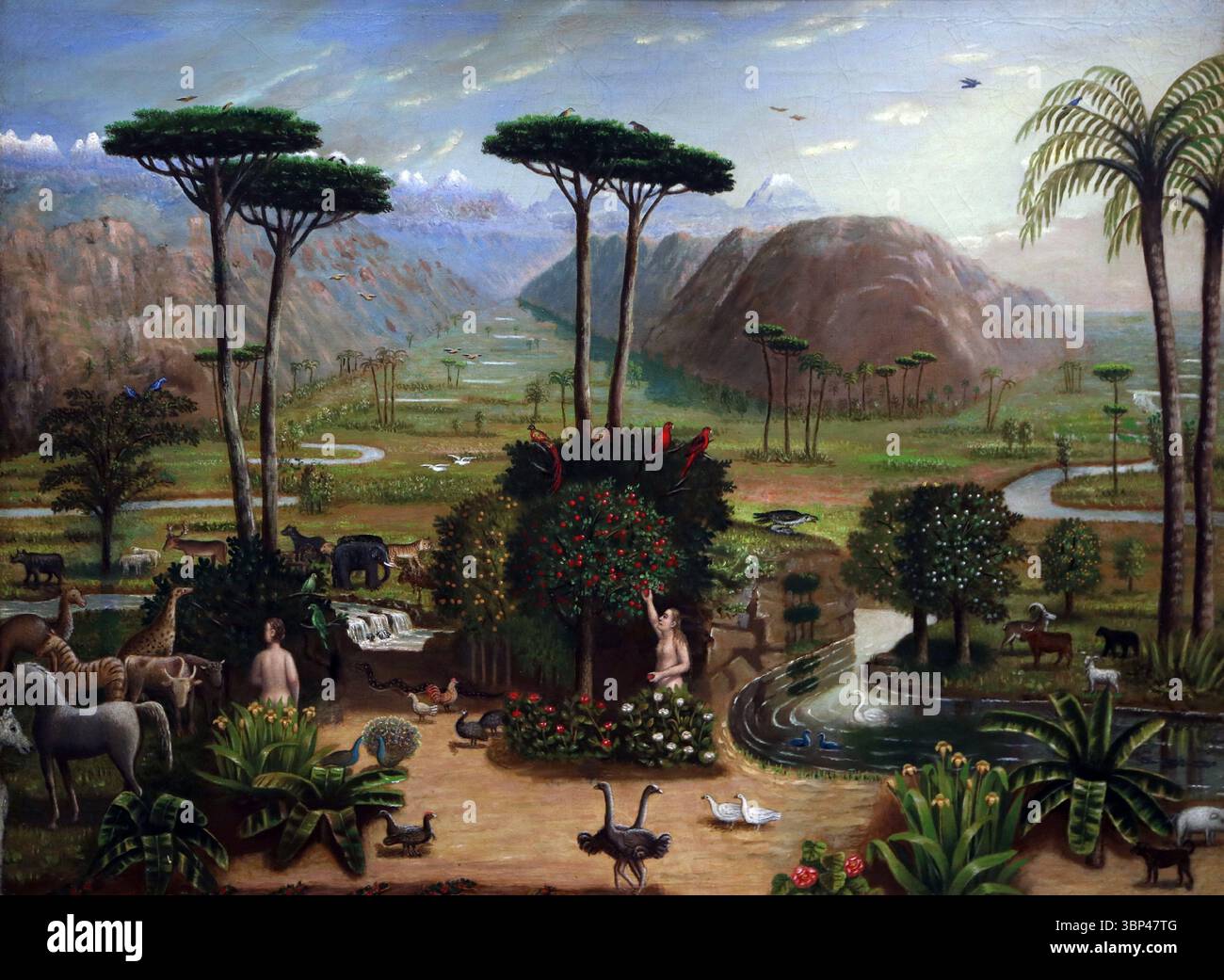 Le jardin d'Eden d'Erastus Salisbury Field (1805 ?1900), peintre folklorique américain spécialisé dans les portraits et les scènes historiques ou bibliques. « Le jardin d'Éden » est un exemple notable de ses œuvres narratives, caractérisées par des représentations détaillées et une interprétation unique des histoires bibliques. c. 1860. Banque D'Images