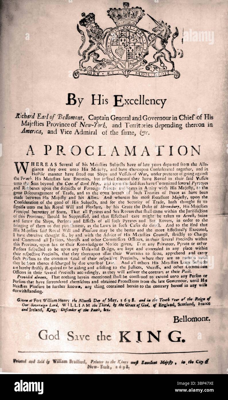 Une proclamation imprimée publiée par Richard Comte de Bellomont, gouverneur de la province de New-York, Fort William Henry le neuvième jour de mai 1689. Le texte se lit comme suit : "Pour l'arrestation de pyrates et de navettes". Banque D'Images