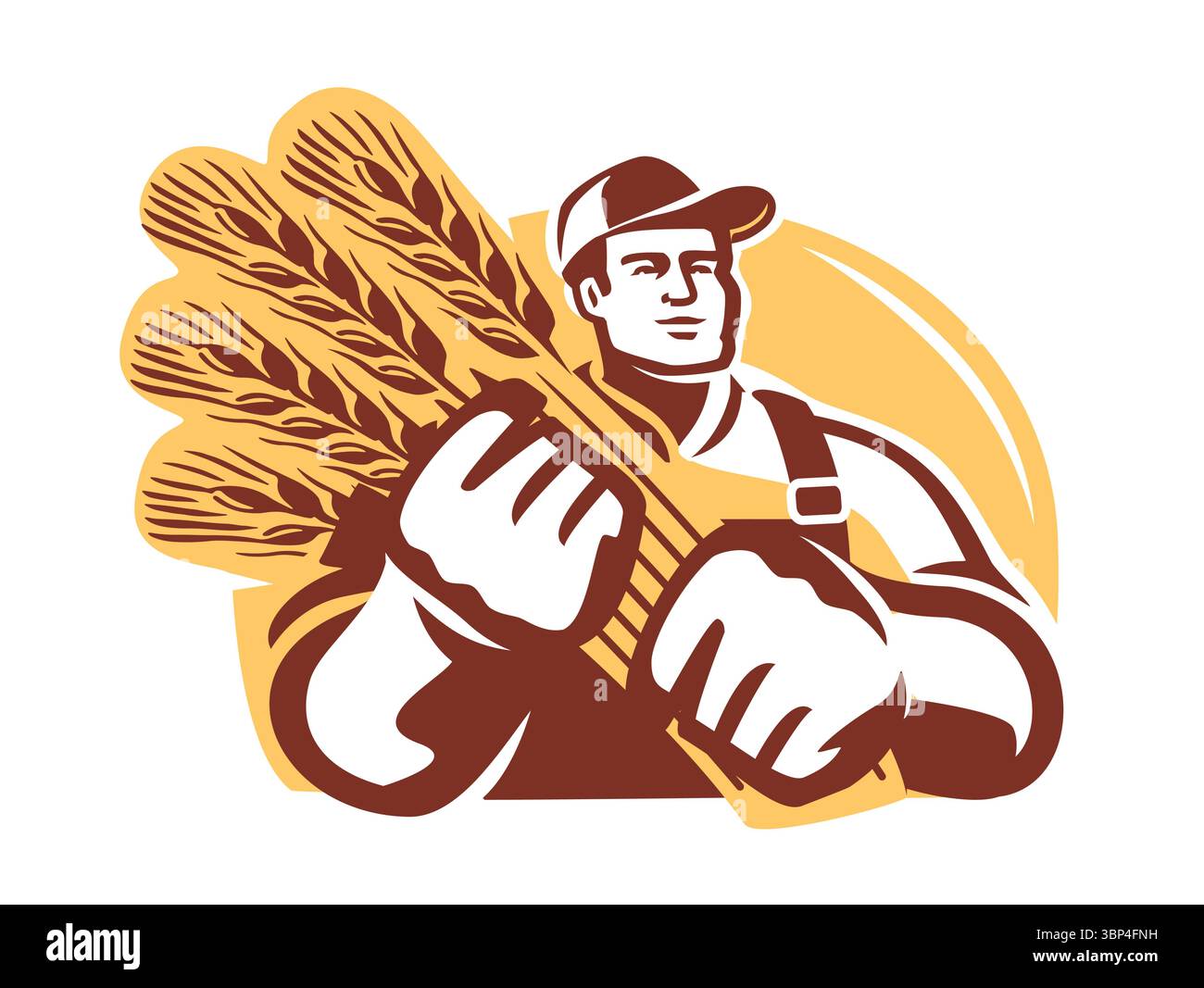 Ouvrier agricole récoltant des récoltes dans des champs agricoles. Agriculteur avec gerbe d'emblème de blé. Illustration vectorielle Illustration de Vecteur