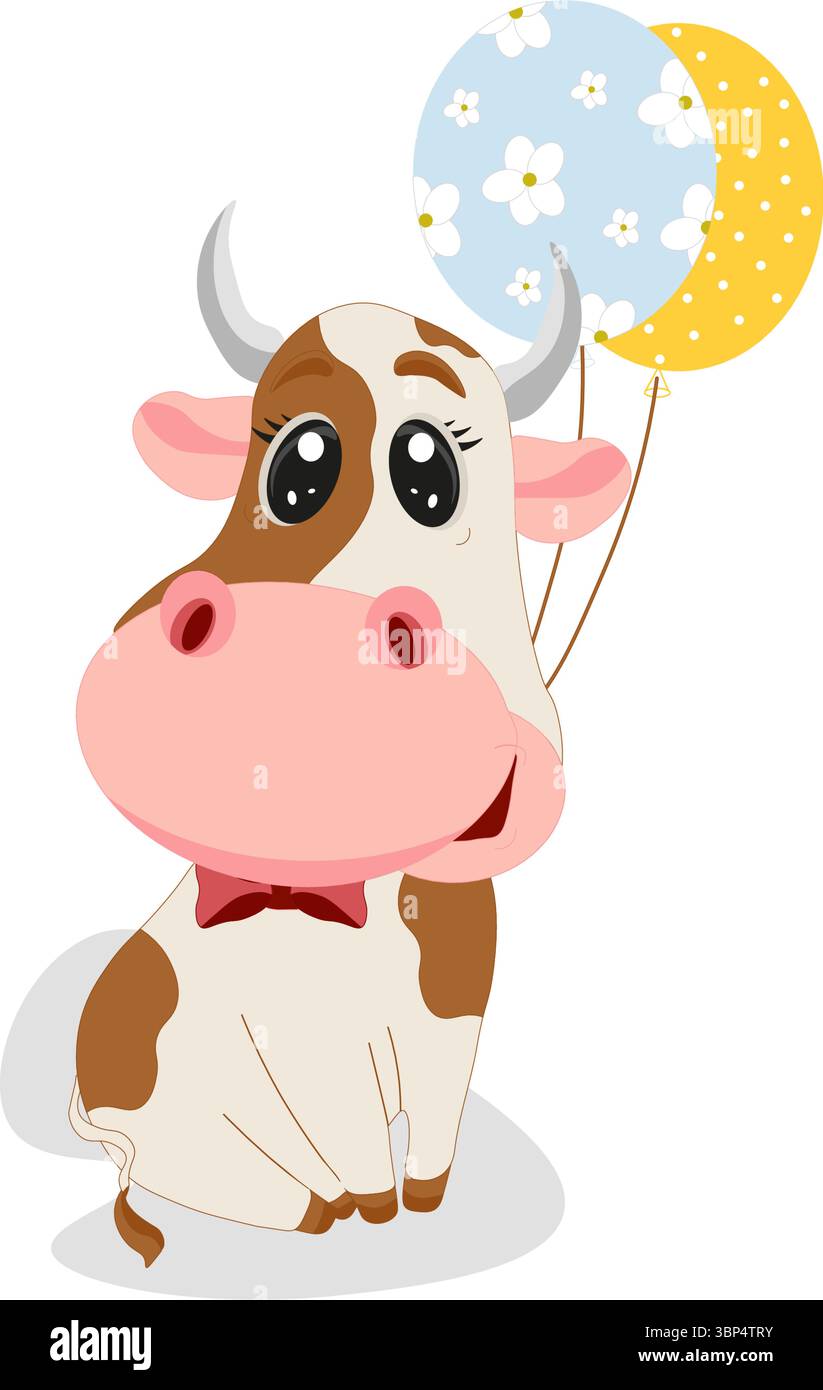 Cute Cartoon Bull avec arc rouge et ballons. Dessin animé Cute Baby vache assise sur le fond blanc Illustration de Vecteur