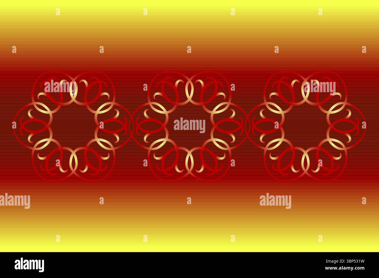 Conception de carte de voeux chaude avec des éléments floraux ronds au centre. Ornement ethnique rouge vif. Dégradé d'or rouge. Énergie positive du soleil. Été Illustration de Vecteur