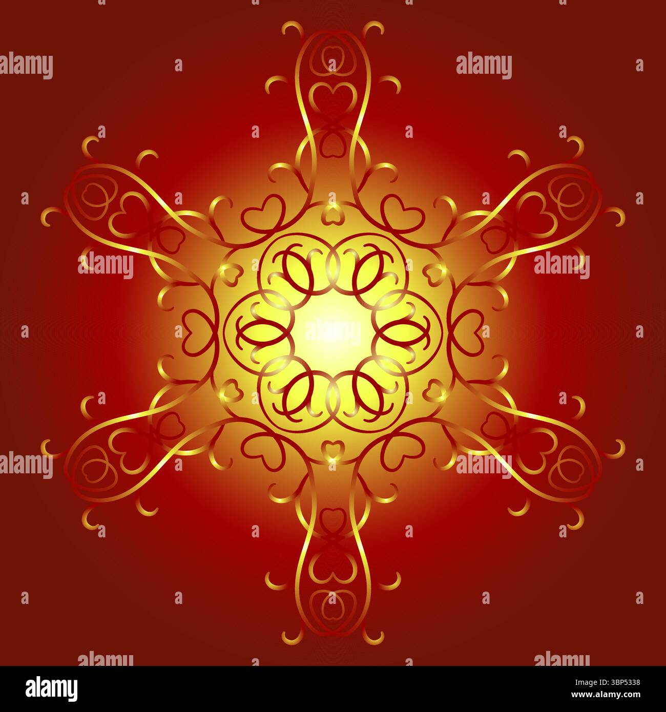Mandala de feu orné. Lignes entrelacées courbes or rouge. Ornement rond ethnique rouge vif. Élément de design de kaléidoscope de luxe. Énergie positive des Illustration de Vecteur