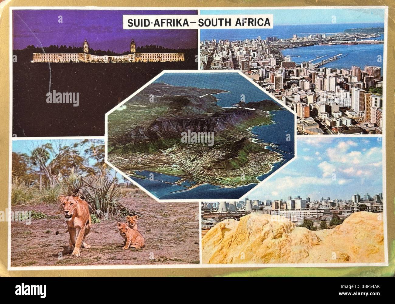 Carte postale vintage présentant les monuments emblématiques de l'Afrique du Sud, capturant la diversité des paysages et du patrimoine culturel du pays Banque D'Images