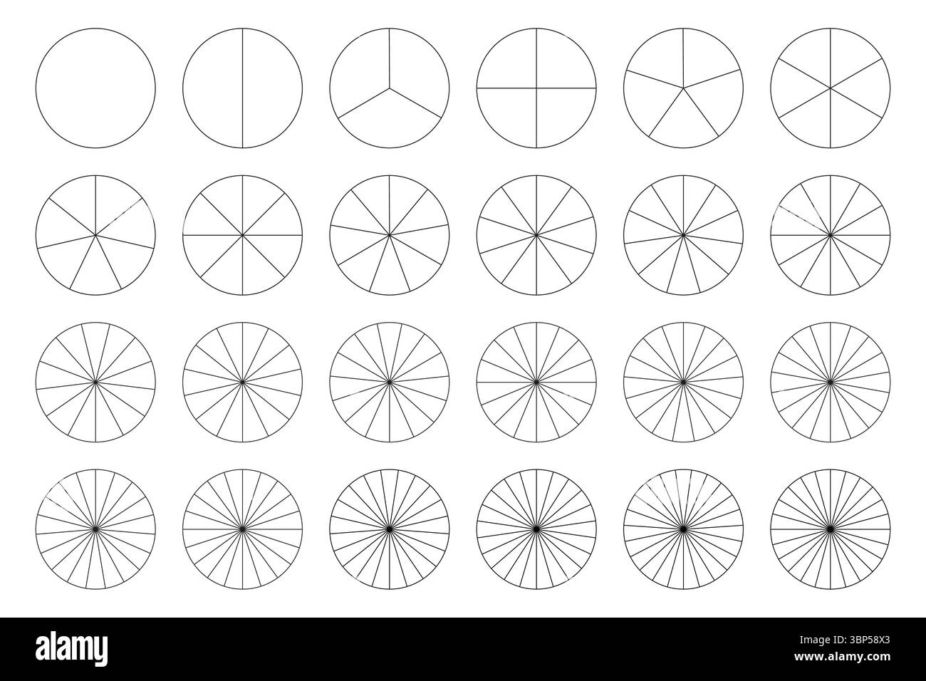 Collection de graphiques segmentés. Modèle de graphique circulaire. De nombreux secteurs divisent le cercle sur des parts égales. Délimitez les graphiques noirs fins. Set de pizza Illustration de Vecteur