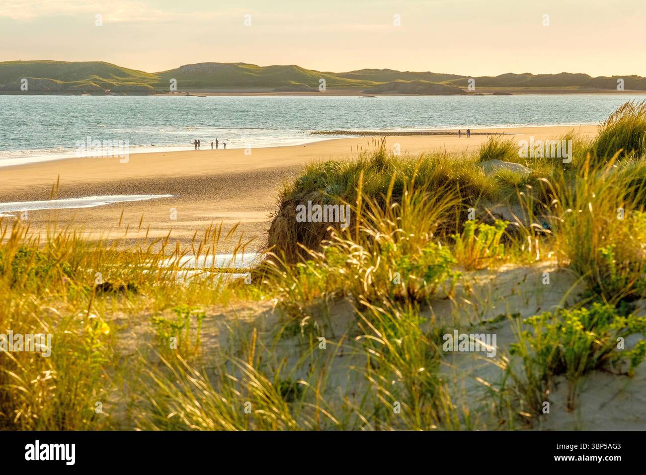 Les gens marchent sur la plage et les dunes de sable à Newborough sur la côte Anglesey, pays de Galles Banque D'Images