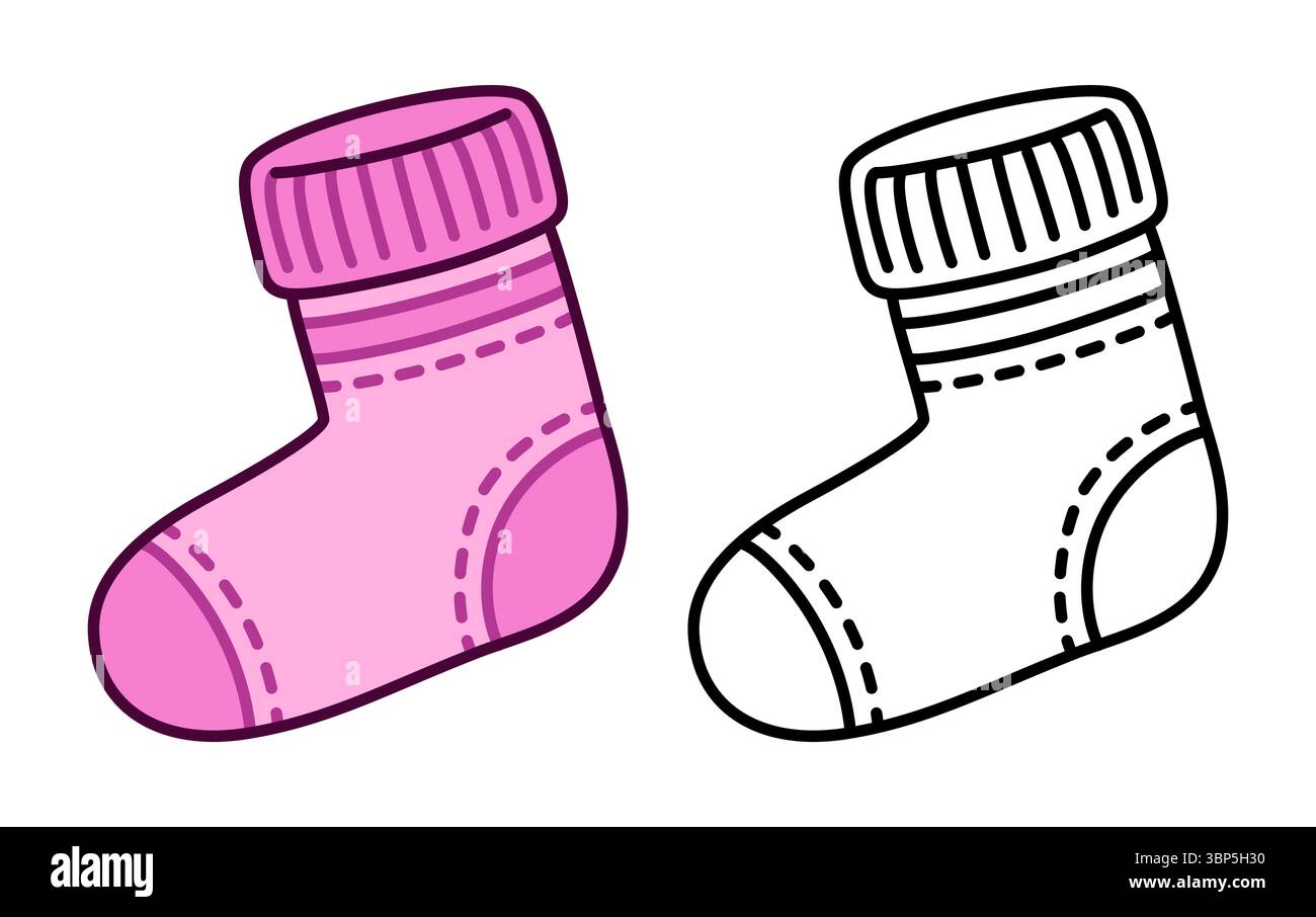 Chaussette rose chaude mignonne. Illustration couleur et dessin au trait noir et blanc pour la coloration. Dessin vectoriel de dessin animé. Illustration de Vecteur