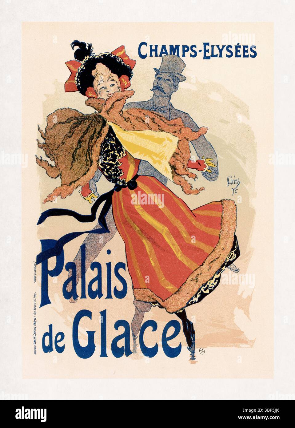 Lithographie couleur réalisée en 1896 par Jules Chéret pour faire de la publicité sur le Palais de glace, une patinoire des champs Elysées à Paris. C'est devenu la Banque D'Images