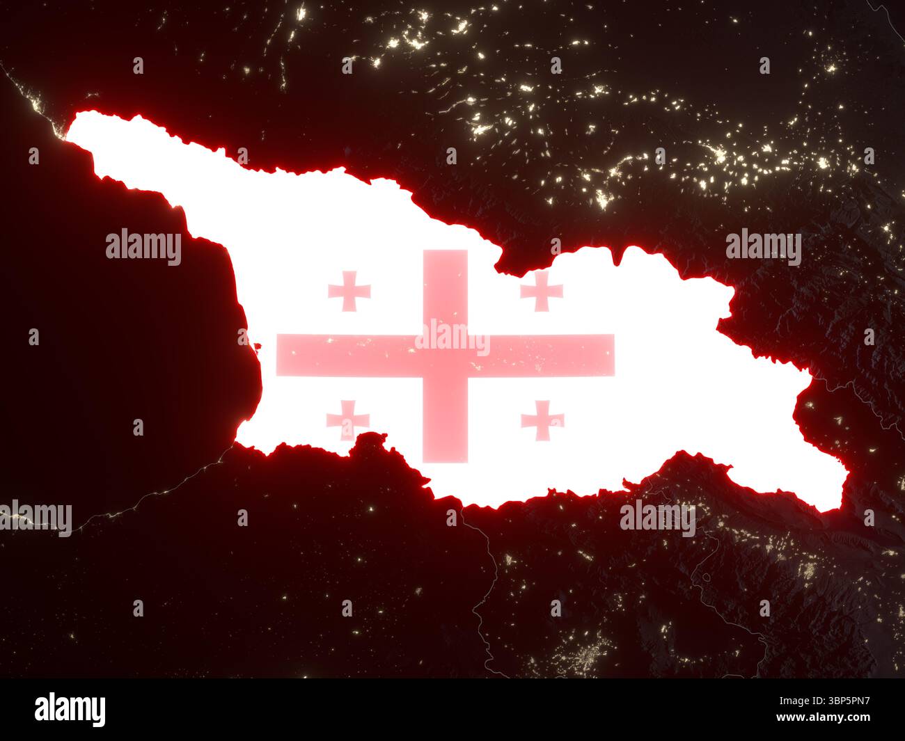 Drapeau de Géorgie en forme de pays sur la carte de nuit. Éléments de cette image fournis par l'ESA. Banque D'Images
