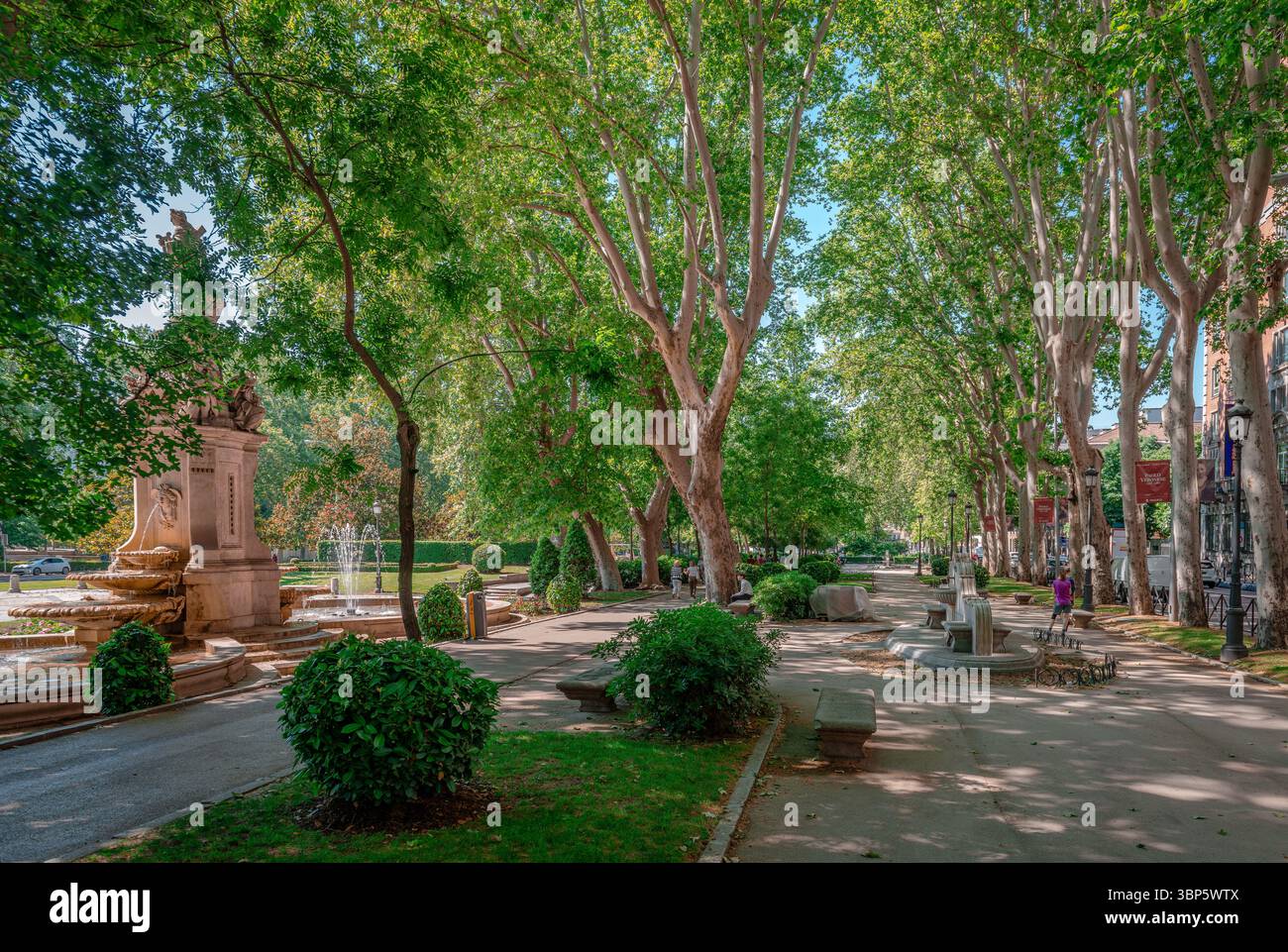 Paseo del Prado, l'un des principaux boulevards du centre de Madrid, Espagne. La fontaine d'Apollon est sur la gauche. Banque D'Images