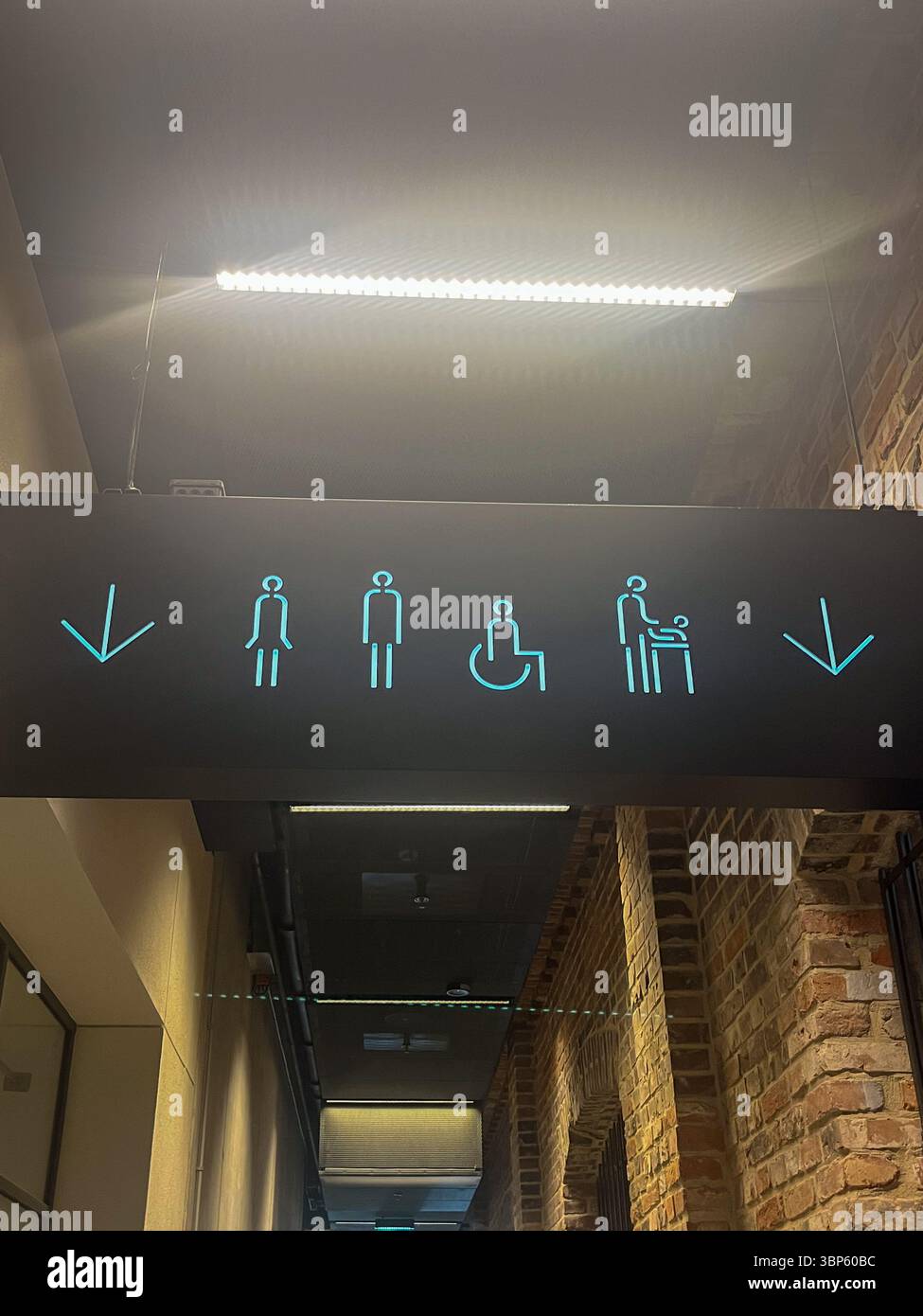 La signalisation lumineuse des toilettes affiche des icônes pour les hommes, les femmes, les personnes à mobilité réduite et les familles, fournissant des indications claires dans les intérieurs contemporains Banque D'Images