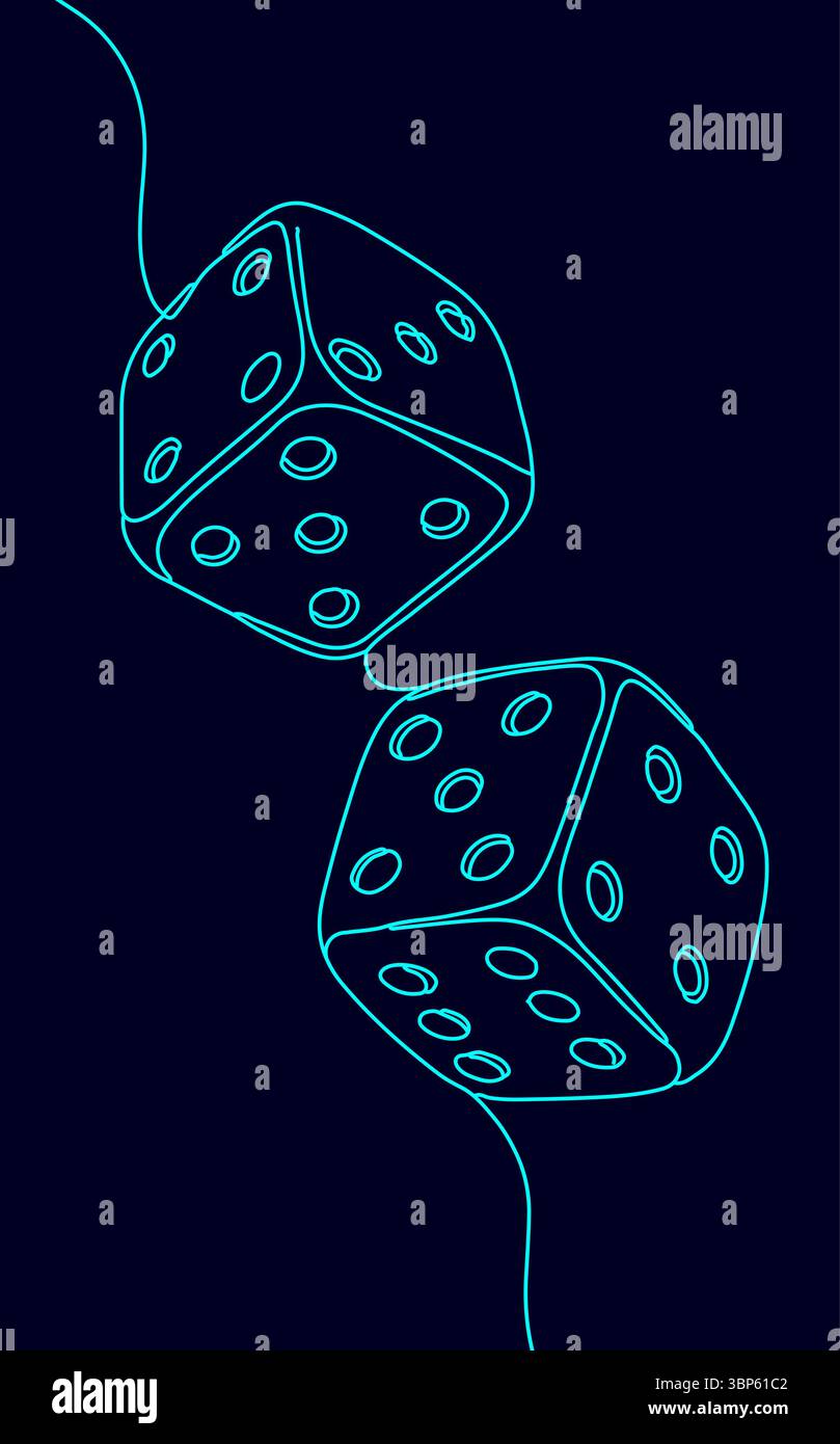 Dessin de deux dés sur une ligne. Les cubes en ligne continue risquent de jouer au hasard Jeux de casino probabilité de chance amusant. Fond bleu foncé de style minimaliste Illustration de Vecteur