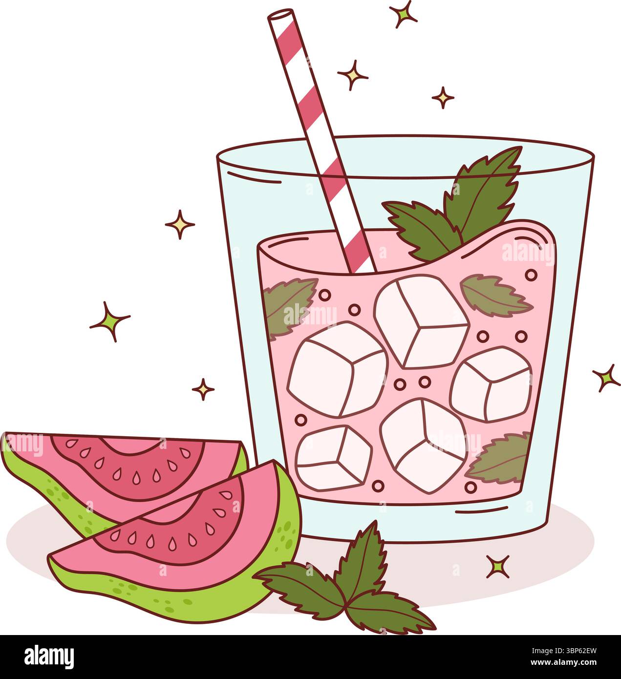 Boisson de goyave rose avec des feuilles de glace et de menthe et des tranches tropicales. Cocktail rafraîchissant de fruits d'été avec paille rayée. Illustration vectorielle. Pas ai Illustration de Vecteur