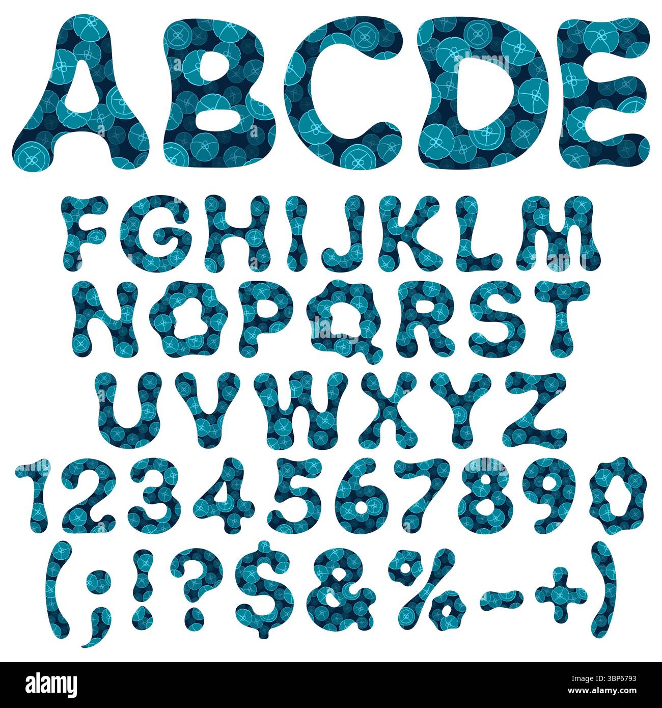 Police, alphabet, lettre, nombre avec méduses. Objets vectoriels isolés sur fond blanc. Illustration de Vecteur