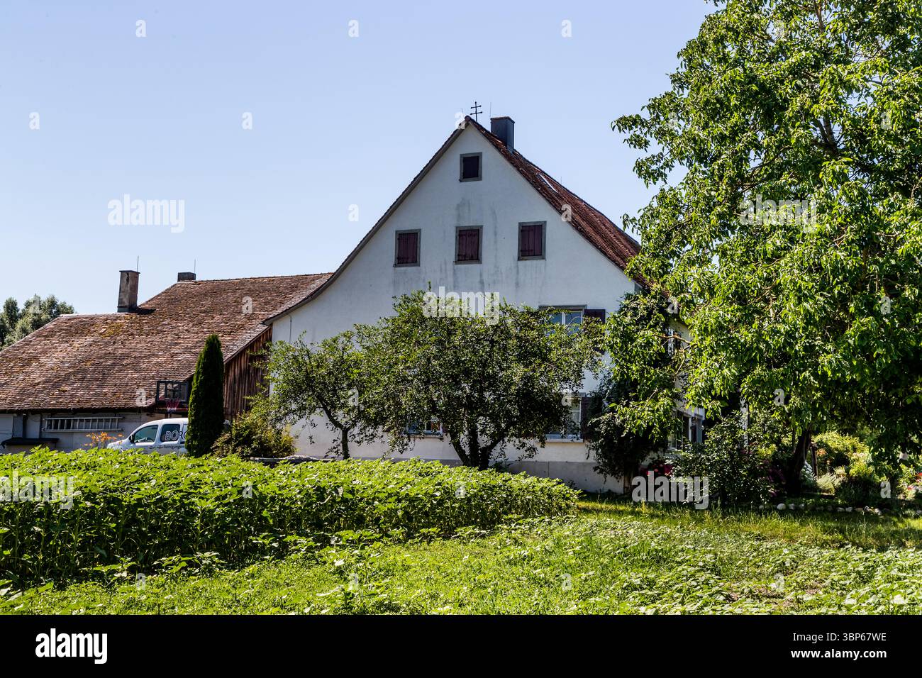 Ancienne ferme sur l'île monastère de Reichenau. Une double croix se dresse sur le pignon, signe qu'il s'agit d'un domaine féodal appartenant au monastère. La double croix est aussi un symbole de protection divine contre les tempêtes, les foudre et le feu. Cette photo montre une maison traditionnelle avec des jardins et des champs voisins à Hochwartstraße sur l'île de Reichenau dans le Bade-Württemberg, en Allemagne. La double croix sur le toit indique son statut original de domaine féodal. Il donne une impression de la vie rurale et du caractère agricole du site classé au patrimoine mondial de l'UNESCO. Hochwartstraß Banque D'Images