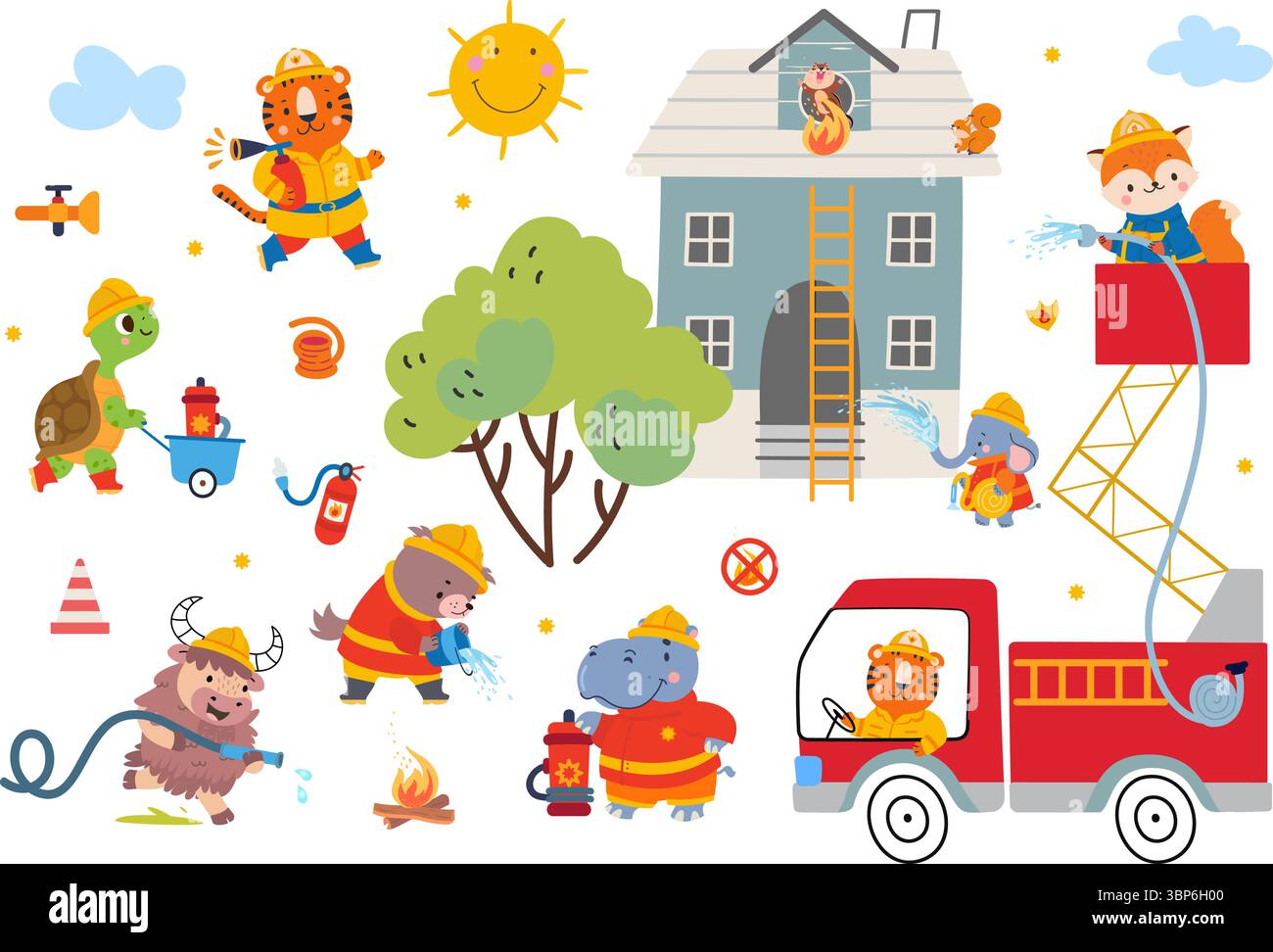 Animaux pompiers. Les pompiers animaux drôles éteignent la flamme et sauvent les personnages de la maison brûlante. Camion de pompier, maison d'arrosage du tuyau d'urgence Illustration de Vecteur