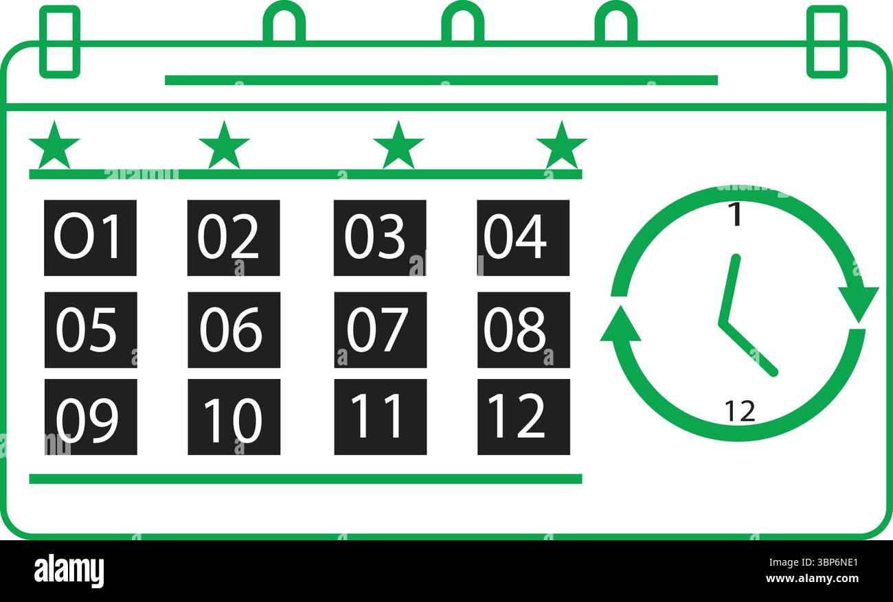 Modèle de calendrier coloré avec des étoiles vertes et une mise en page de temps numérique Illustration de Vecteur