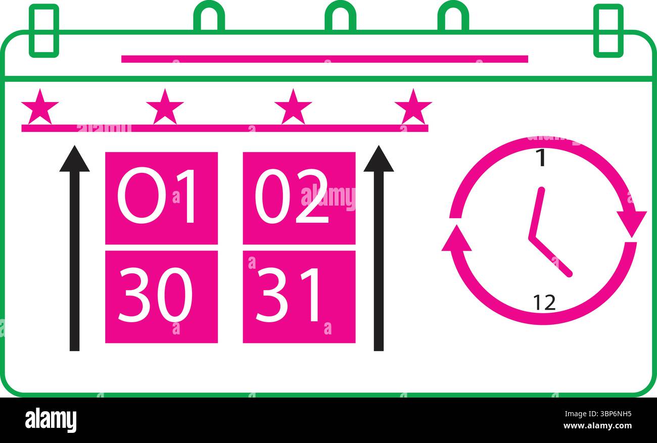 Grille de calendrier rose avec dates numériques et illustration de l'horloge rotative Illustration de Vecteur