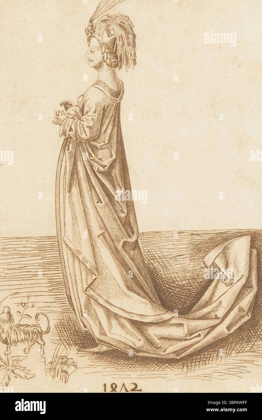 Jonkvrouw met Hond (Gentlewoman with Dog), gravé par Maria Catharina Prestel d'après un dessin de Martin Schongauer, représentant une dame noble en robes fluides avec un petit chien, 1783. Banque D'Images