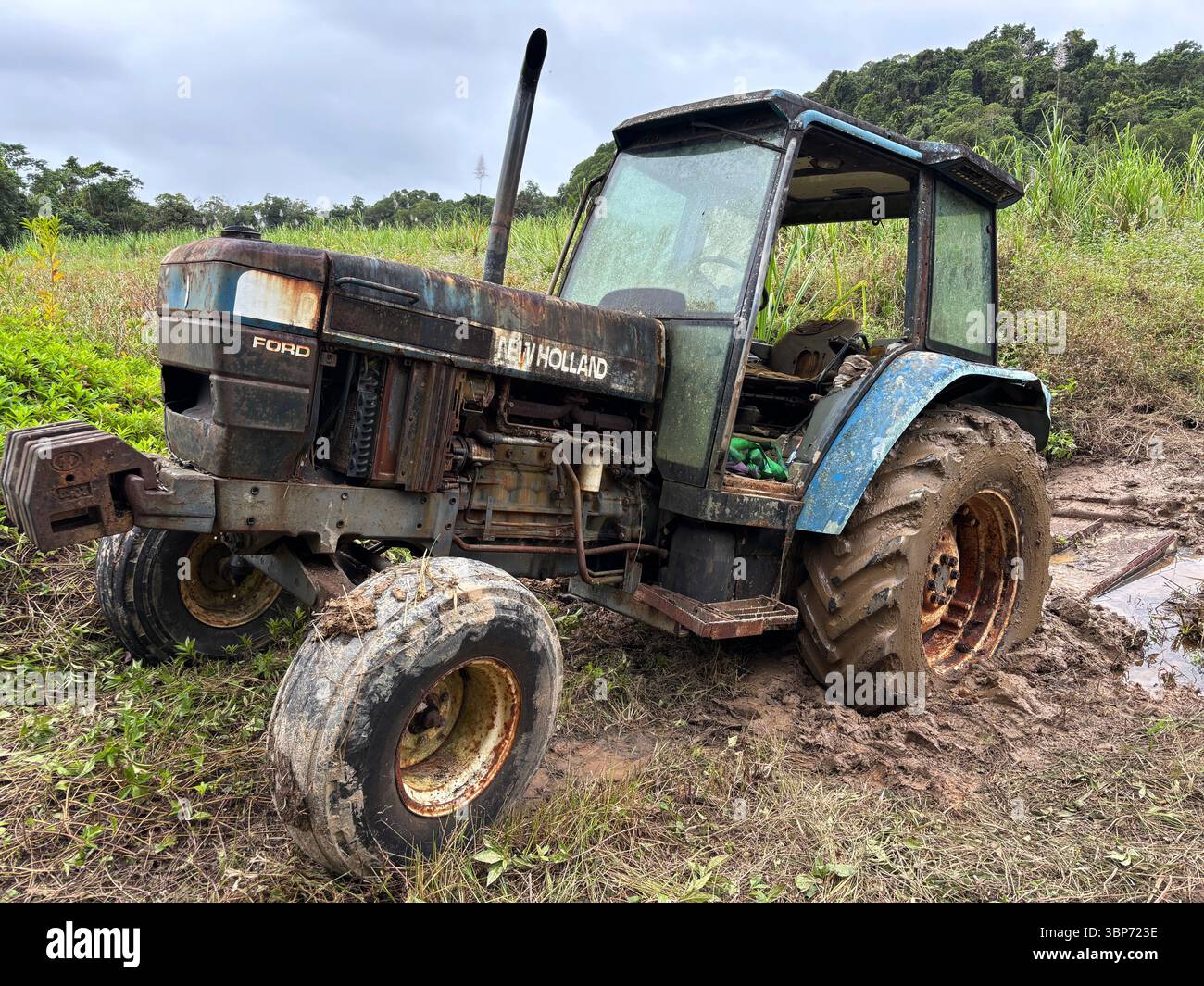 Vieux tracteur Ford New Holland embourbé dans un champ de canne à sucre, Bartle Frere, au nord du Queensland, Australie. Pas de PR Banque D'Images