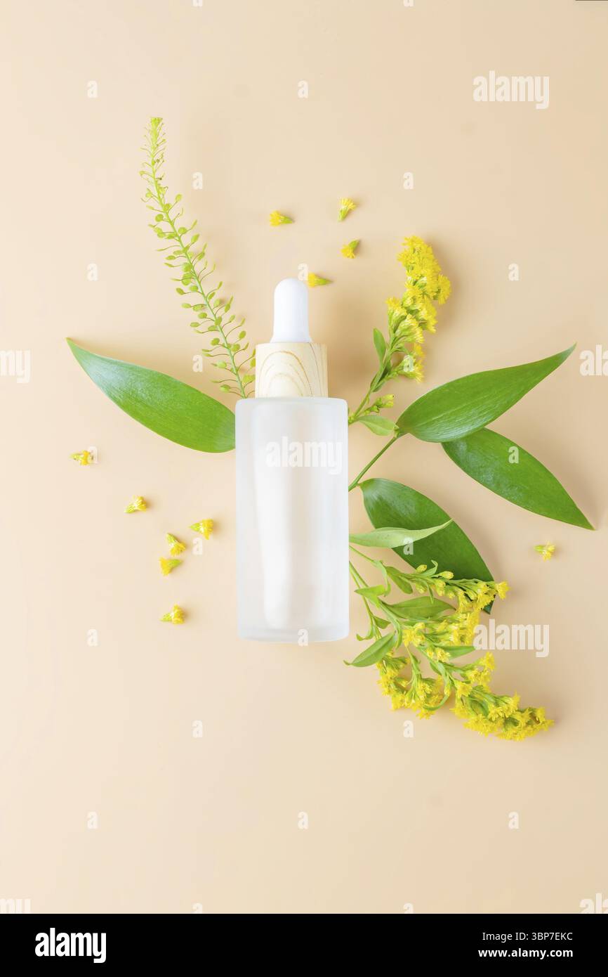Essence de collagène liquide ou sérum en bouteille de verre dépoli sur fond beige pastel avec fleurs jaunes. Concept des produits cosmétiques anti-âge Banque D'Images
