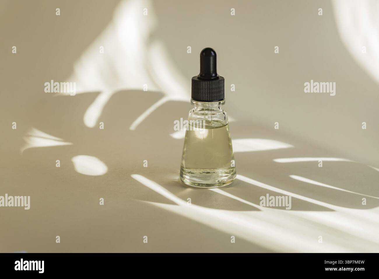 Huiles essentielles avec gouttes pipette sur fond beige. Ombres Monstera. Flacon professionnel pour le soin du visage et du corps Banque D'Images