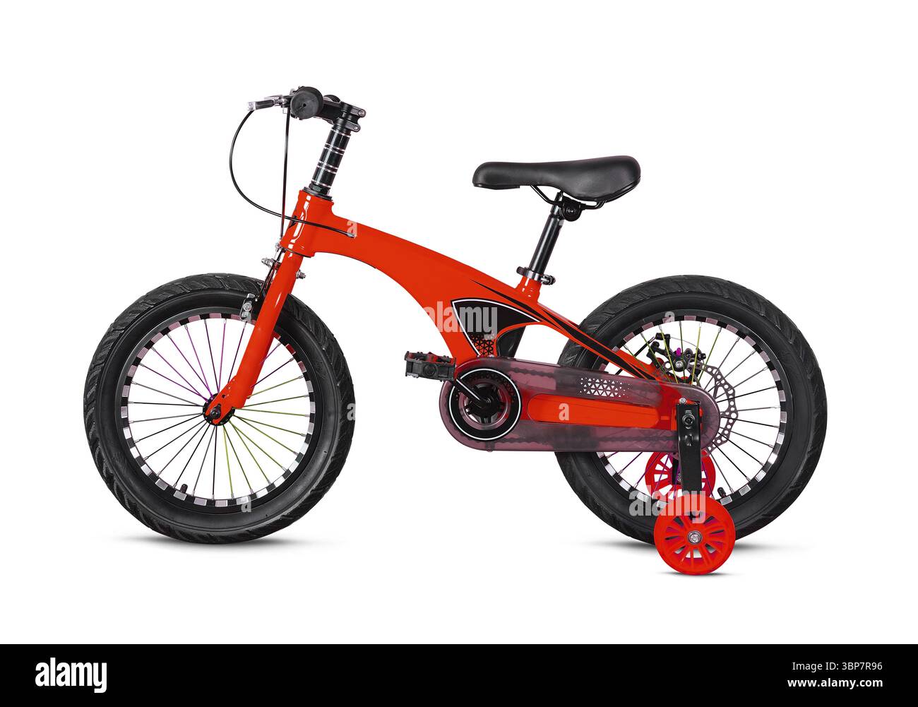 Nourriture, vélo d'enfant rouge vif avec roues d'entraînement isolé sur un fond blanc Banque D'Images