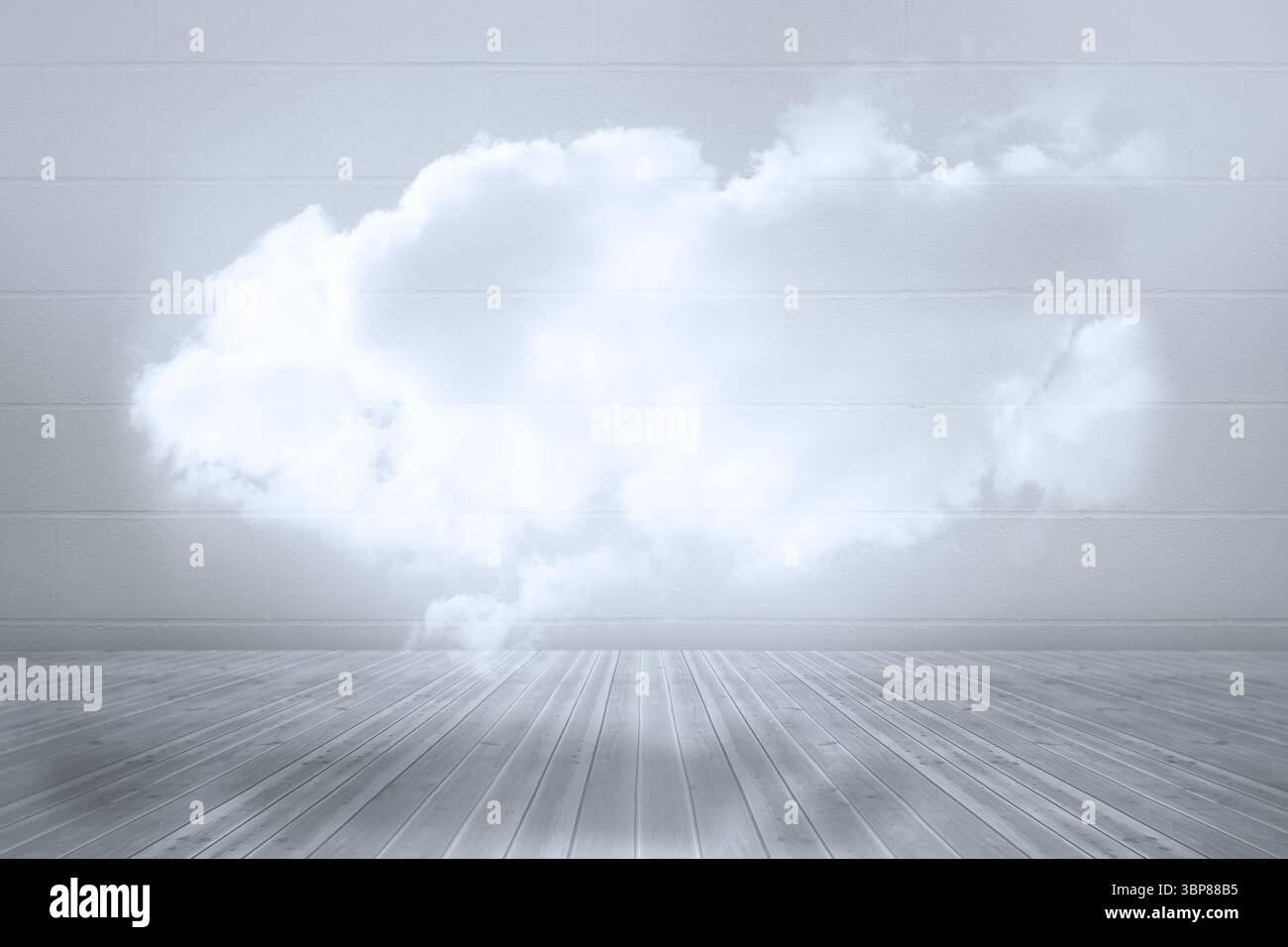 Grand nuage moelleux blanc flottant à l'intérieur de la pièce de conception plate vide avec mur de briques et plancher en bois Banque D'Images