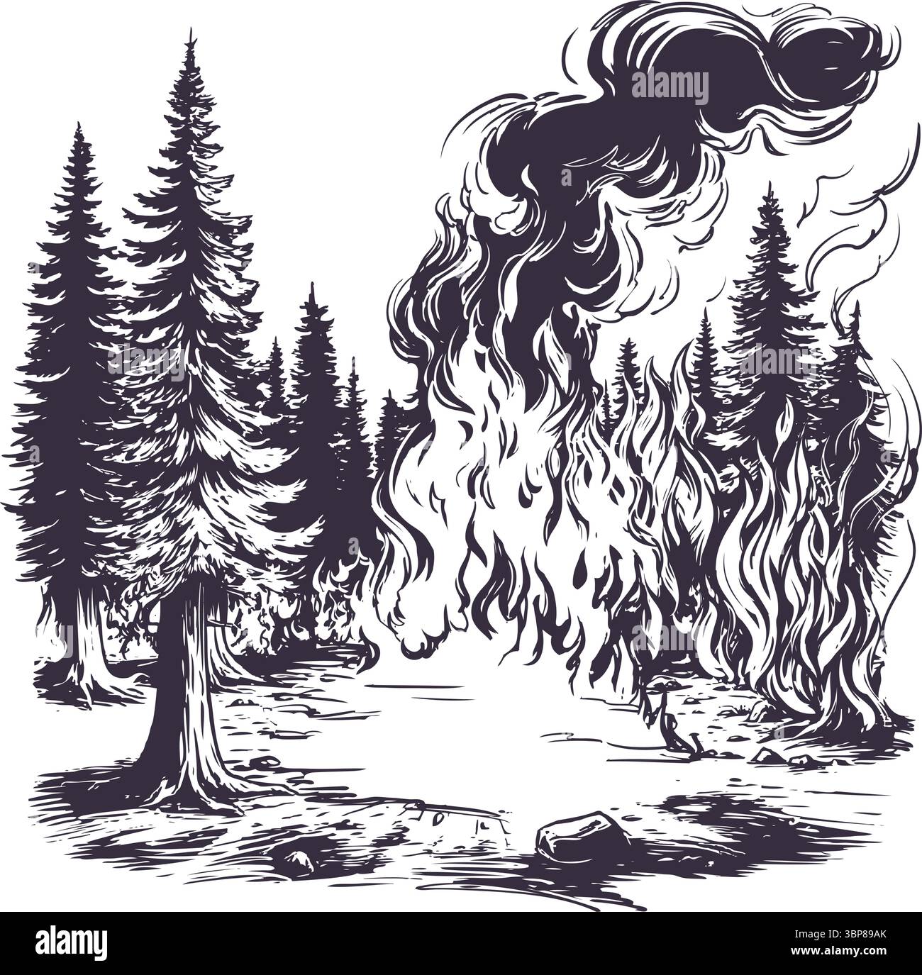 feu de forêt, forêt brûlante, prendre soin de la nature, illustration vectorielle dessinée à la main esquisse réaliste. Illustration de Vecteur
