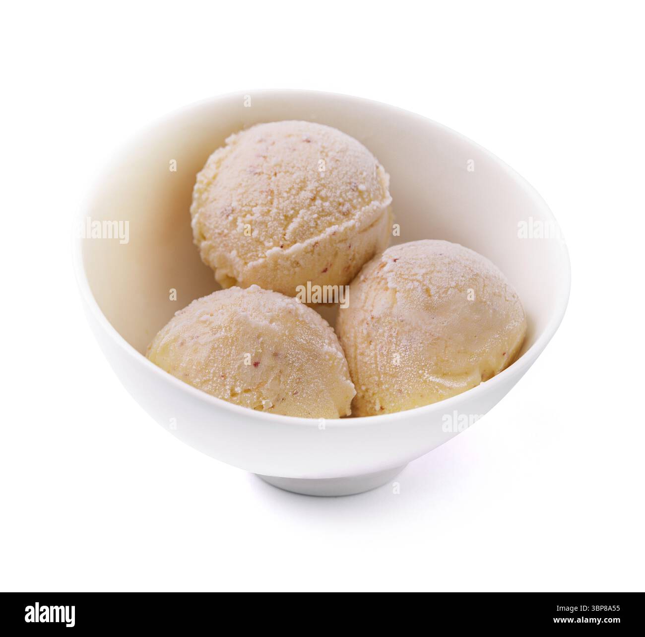 Nourriture, trois boules de glace vanille-banane dans un bol blanc Banque D'Images