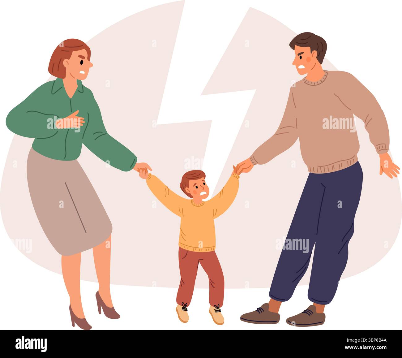 Divorcer homme et femme se battant pour l'enfant. Thunderbolt partage entre mère et père. Querelles de couple. Les parents partagent enfant. Conflit familial. Maman et d Illustration de Vecteur