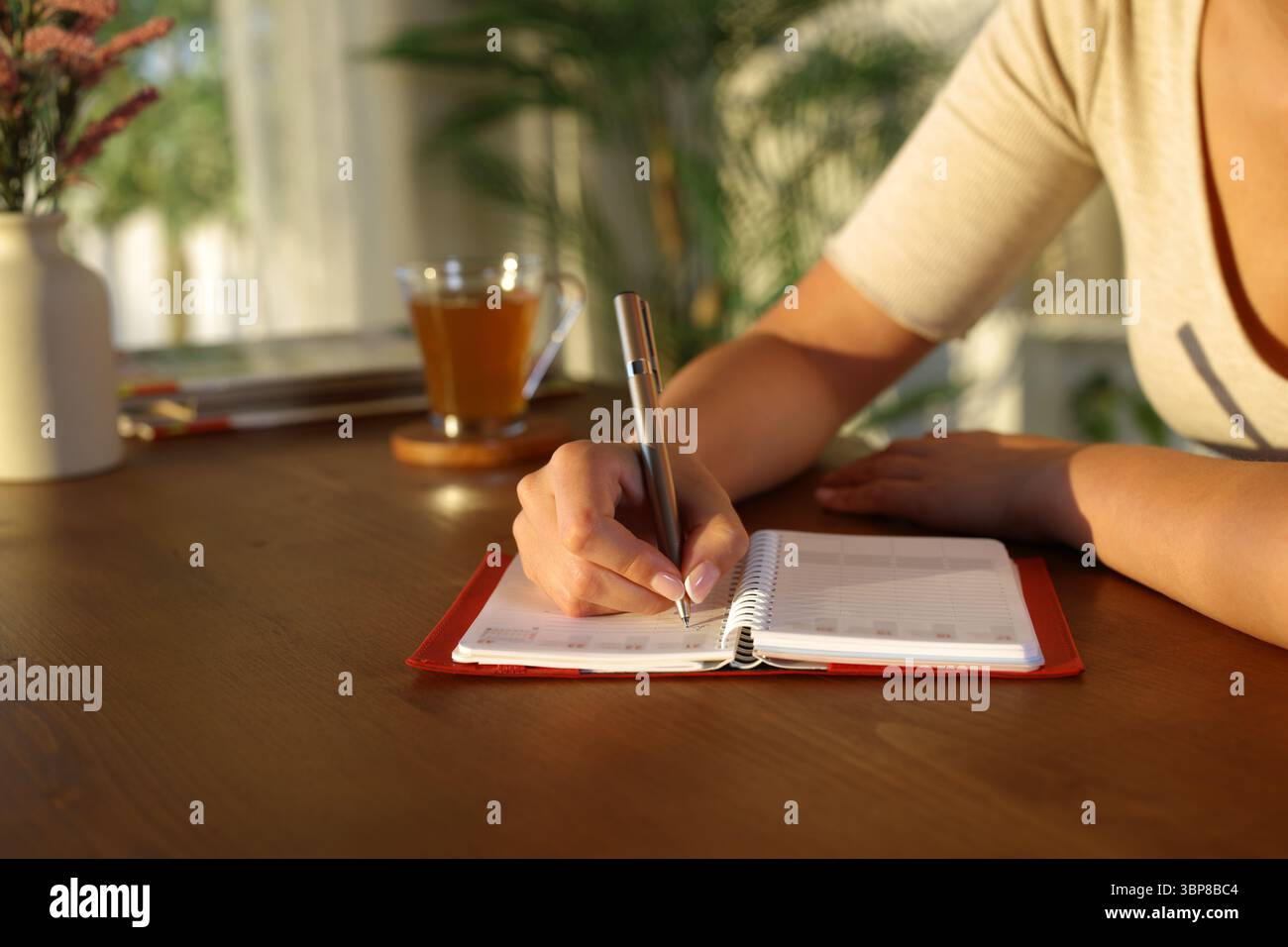 Gros plan d'une femme écrivant à la main avec un stylo à l'ordre du jour sur une table en bois à la maison Banque D'Images