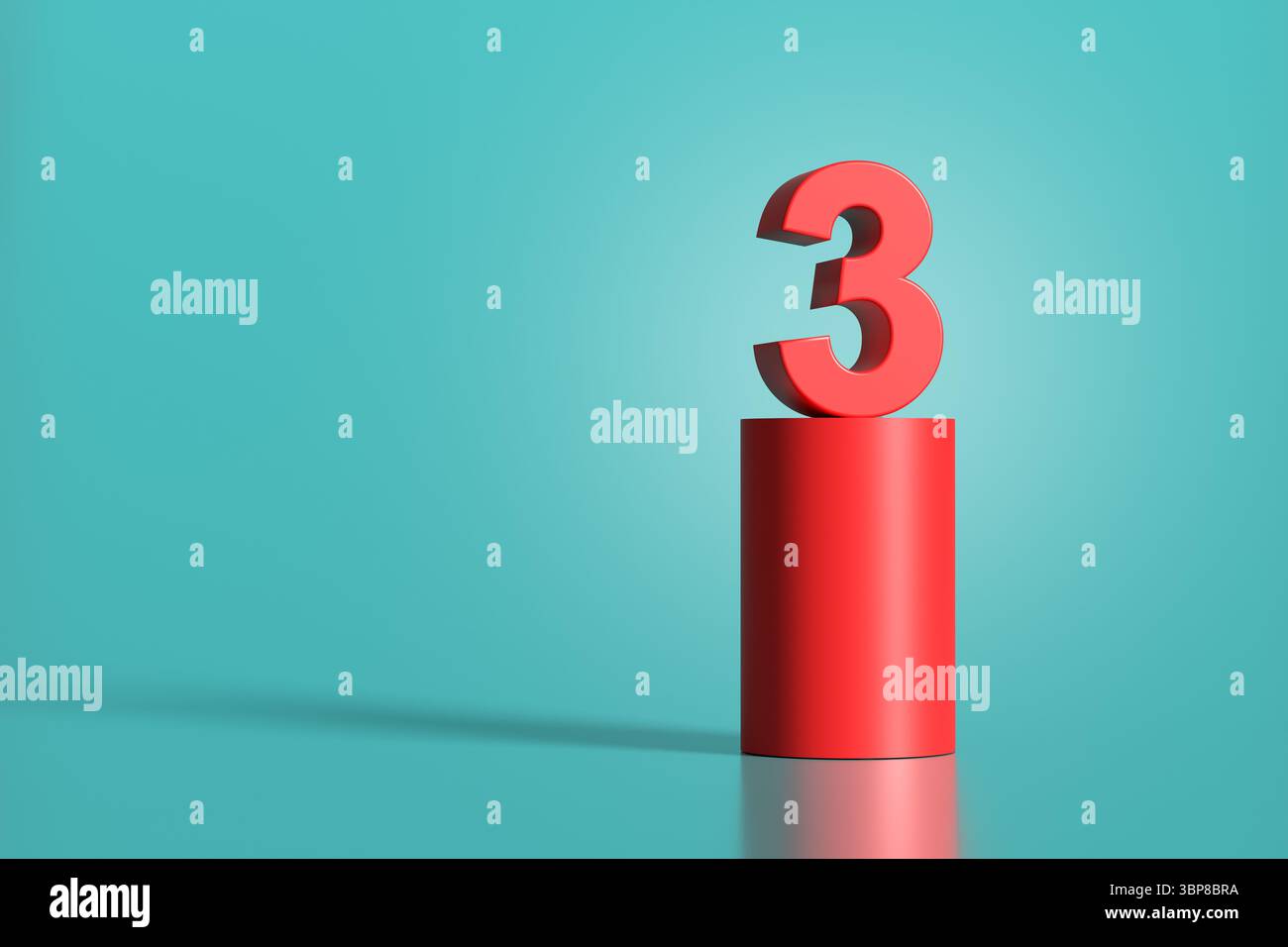 Rouge numéro trois debout sur un cylindre rouge sur un fond turquoise, représentant le concept de troisième position Banque D'Images