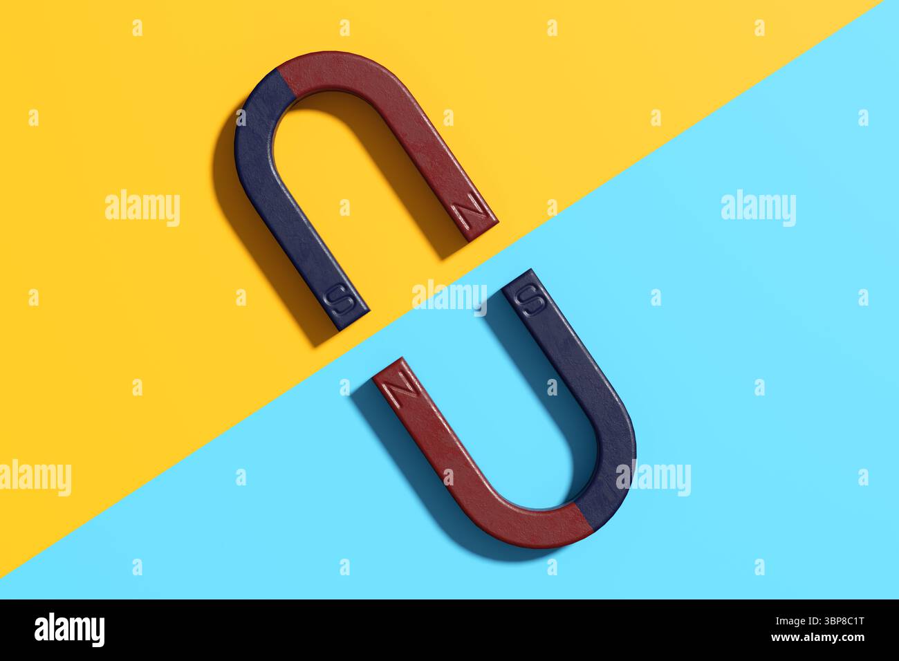 Deux aimants en fer à cheval s'attirent l'un l'autre, avec leurs pôles opposés face à face, sur un fond bicolore. Concept d'attraction. Banque D'Images