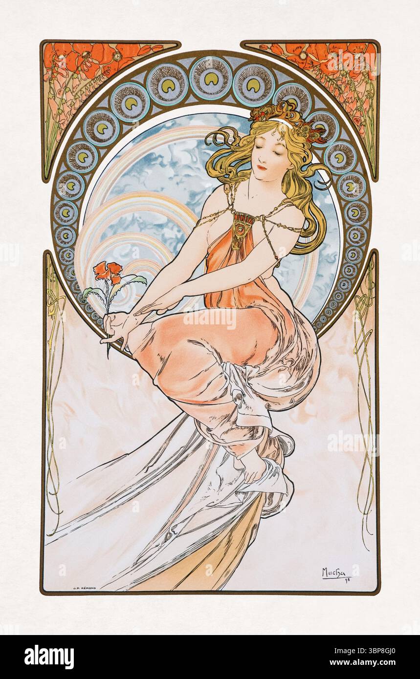 Lithographie couleur réalisée en 1898 par Alphonse Mucha. Il fait partie de la série de quatre panneaux allégoriques 'The Arts' et celui-ci est la danse. Banque D'Images