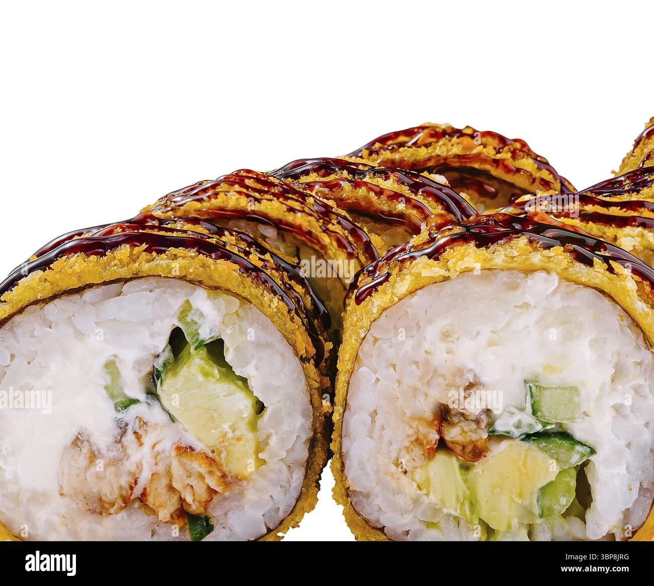 Nourriture, délicieux rouleaux de sushi maki tempura montrant les ingrédients sont couchés sur fond blanc Banque D'Images