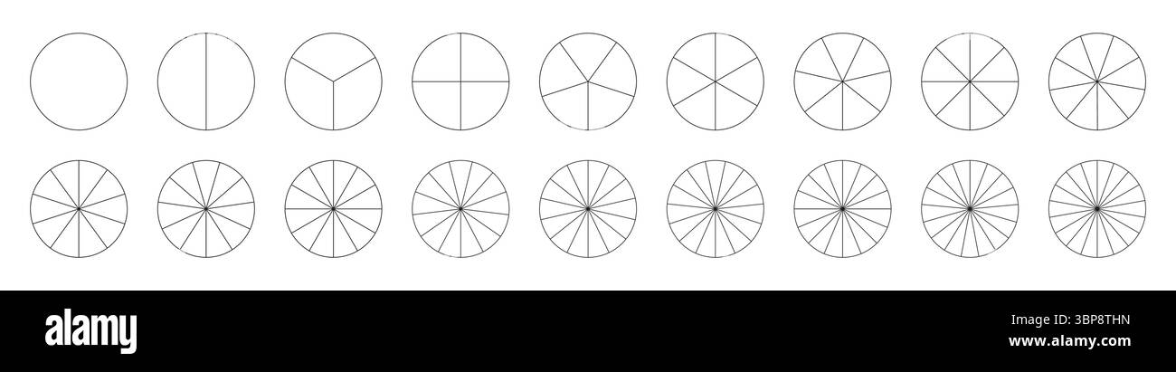 Graphiques segmentés. Ensemble de pizza, modèle de diagramme circulaire. De nombreux secteurs divisent le cercle sur des parts égales. Infographie de la collection de segments Illustration de Vecteur