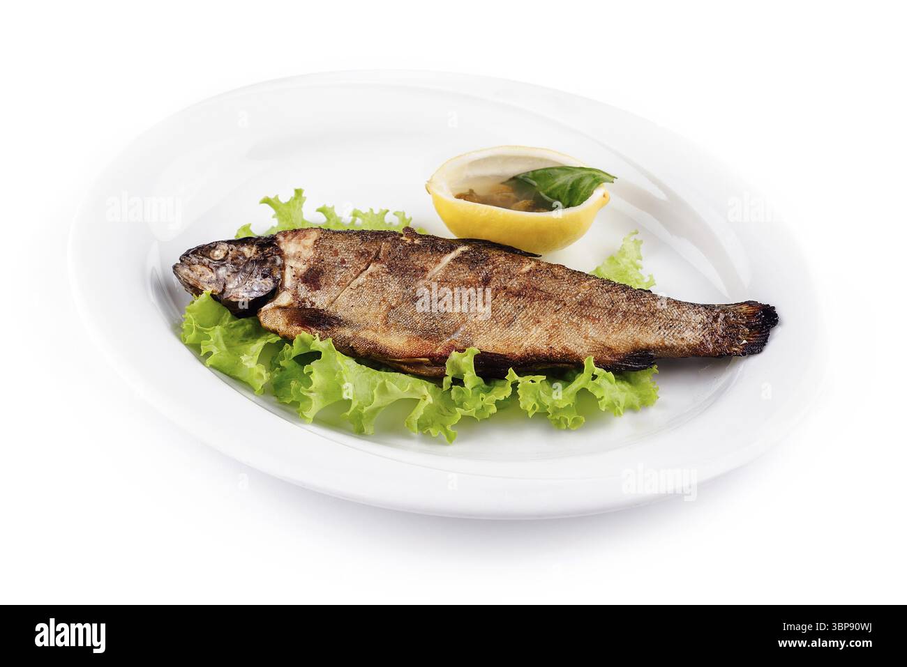 Nourriture, truite grillée est couchée sur un lit de laitue sur une assiette blanche, servie avec citron et condiment Banque D'Images