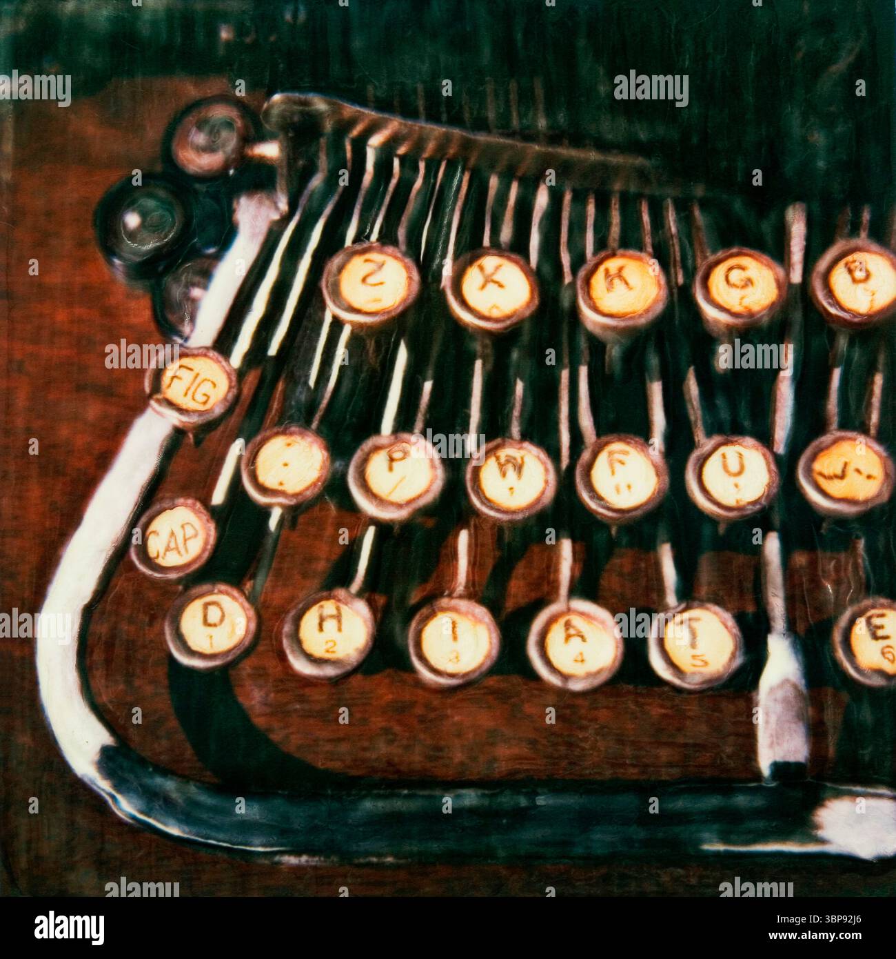 Manipulation Polaroid du côté gauche d'une vieille machine à écrire Blickensderfer. Banque D'Images