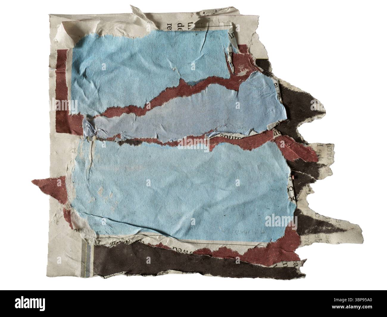 Collage à partir de fragments de journal bleu, rouge, noir et gris sur fond blanc avec chemin de détourage Banque D'Images