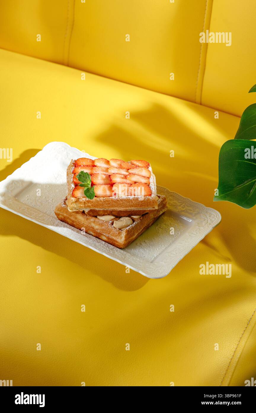 gaufre belge aux fraises sur fond jaune Banque D'Images