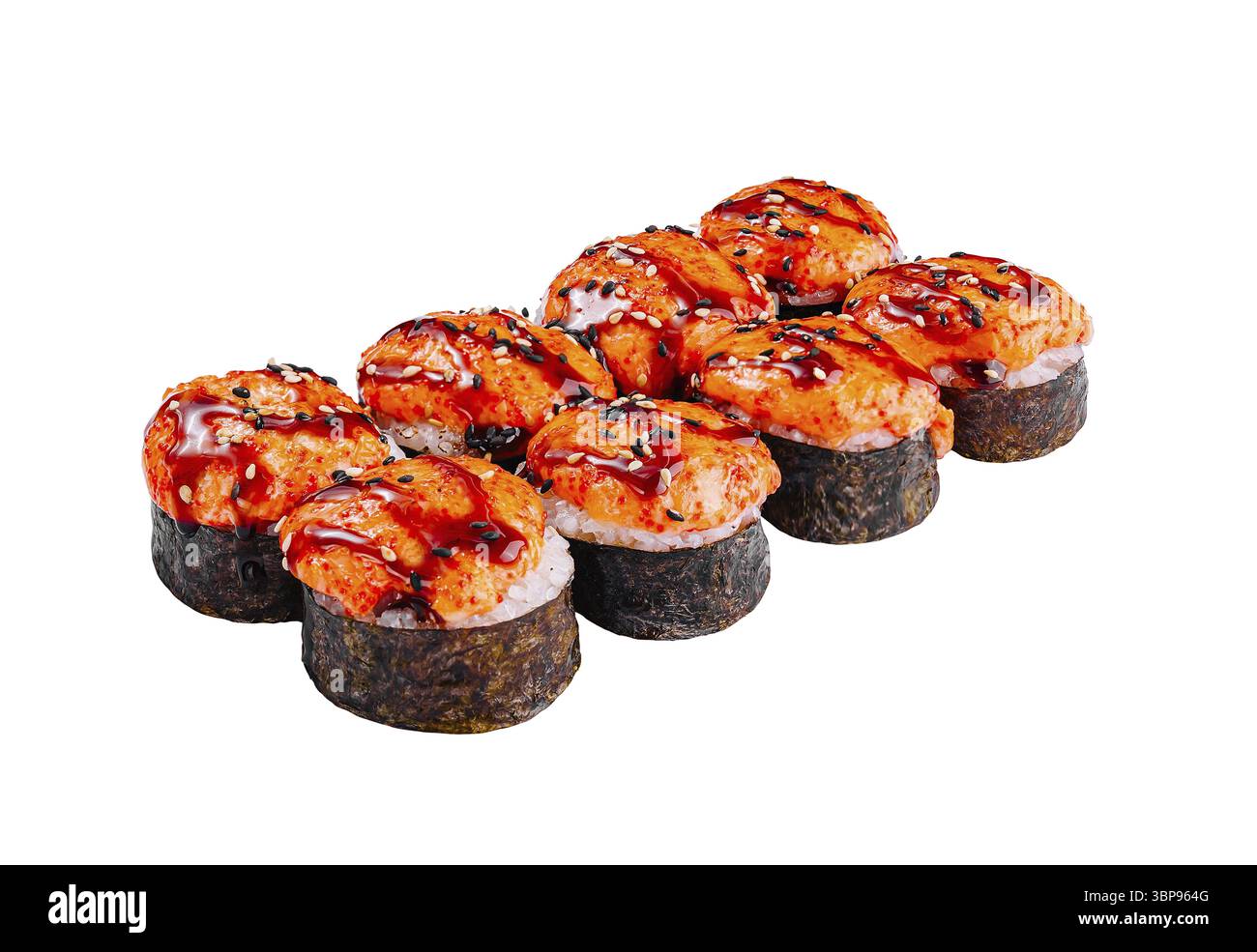 Nourriture, petits pains de sushi recouverts de sauce épicée et de graines de sésame sont couchés sur un fond blanc Banque D'Images