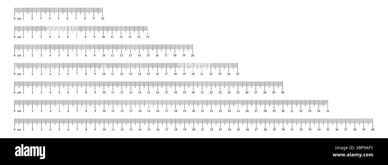 Cartes de mesure de collection avec 10,15, 20, 25, 30, 35, 40 centimètres. Mesure de longueur mathématiques, distance, hauteur, outils de couture. Ensemble de modèles Illustration de Vecteur