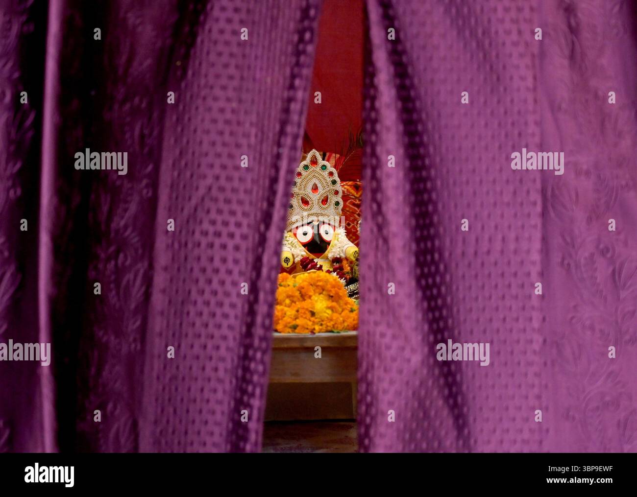 NOIDA, INDE - 6 JUILLET : des dévots tirent le char transportant Lord Jagannath, son frère Balabhadra et sa sœur Subhadra parmi les personnes rassemblées lors de la procession de Jagannath Rath Yatra, dans le secteur 34, le 6 juillet 2025 à Noida, Inde. Jagannath Rath Yatra, également connu sous le nom de Festival chariot ou Shree Gundicha Yatra, est un festival hindou majeur célébré chaque année dans la ville côtière. Le célèbre festival, généralement célébré en juin-juillet, commence lorsque Lord Jagannath et ses deux frères et sœurs - le frère aîné Lord Balabhadra et la sœur cadette Devi Subhadra sont prêts à donner le darshan au public dans le chariot Banque D'Images
