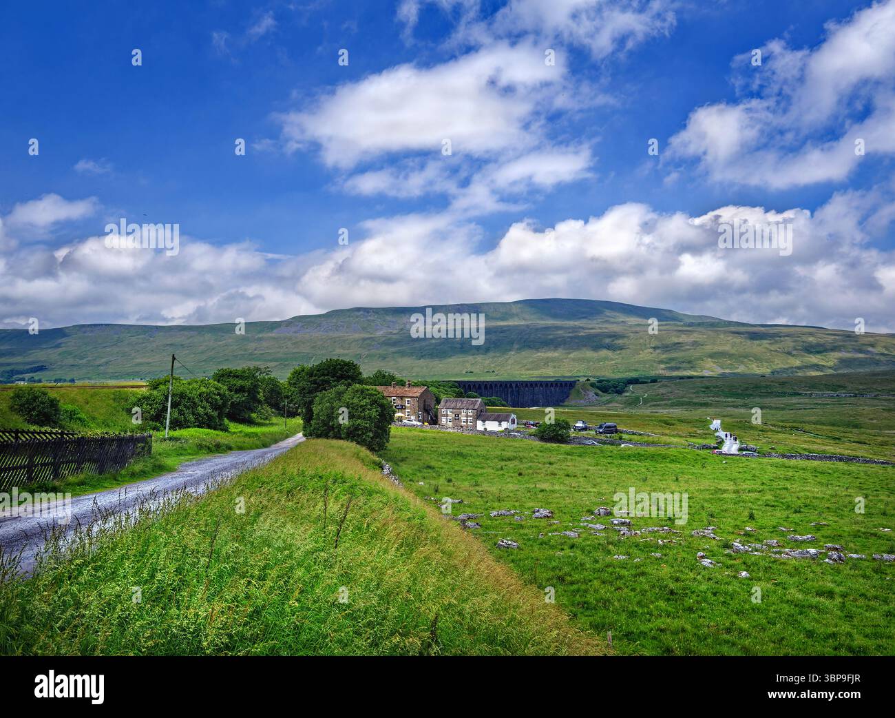 UK, North Yorkshire, Yorkshire Dales, Ribblehead Viaduct et The Station Inn de près de la gare. Banque D'Images