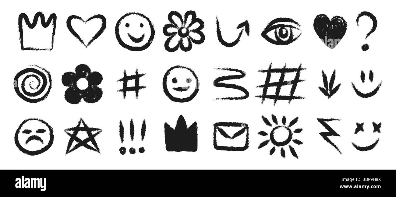 Abstrait éléments dessinés à la main punk graffiti gribouilles et tourbillons de différentes formes, étoiles de couronne Smileys flèches et divers symboles dessinés à la craie ou Illustration de Vecteur