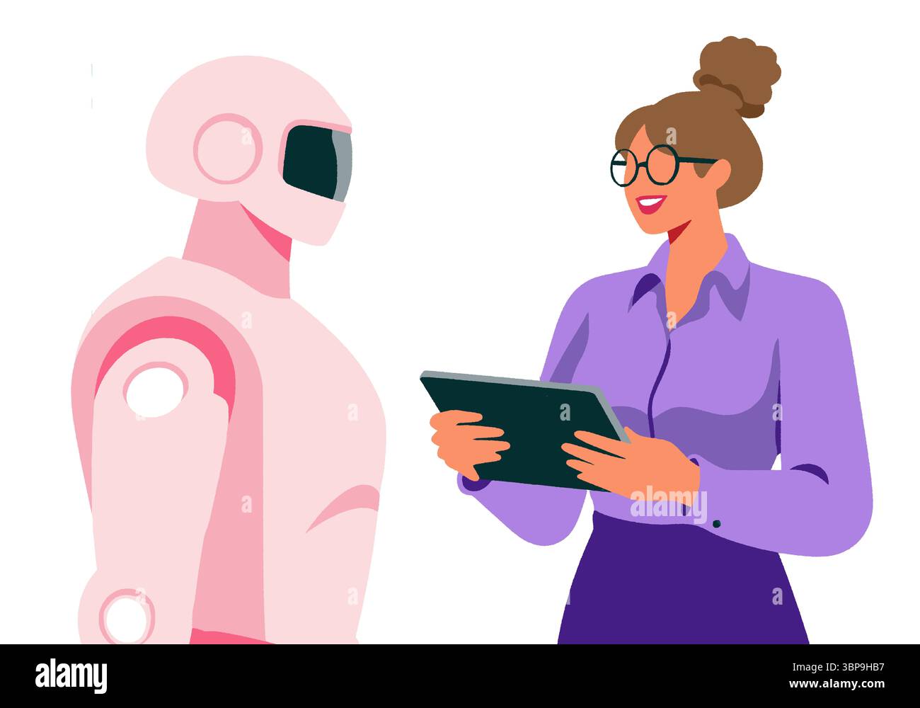 Une femme interagit avec un robot humanoïde, tenant une tablette, sur un fond blanc. Illustration Banque D'Images