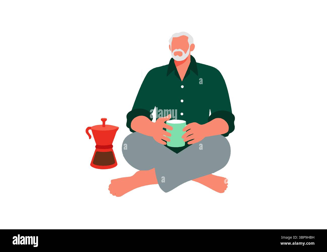 L'homme plus âgé avec les cheveux blancs est assis à jambes croisées tenant la tasse à côté de la cafetière rouge. Illustration Banque D'Images