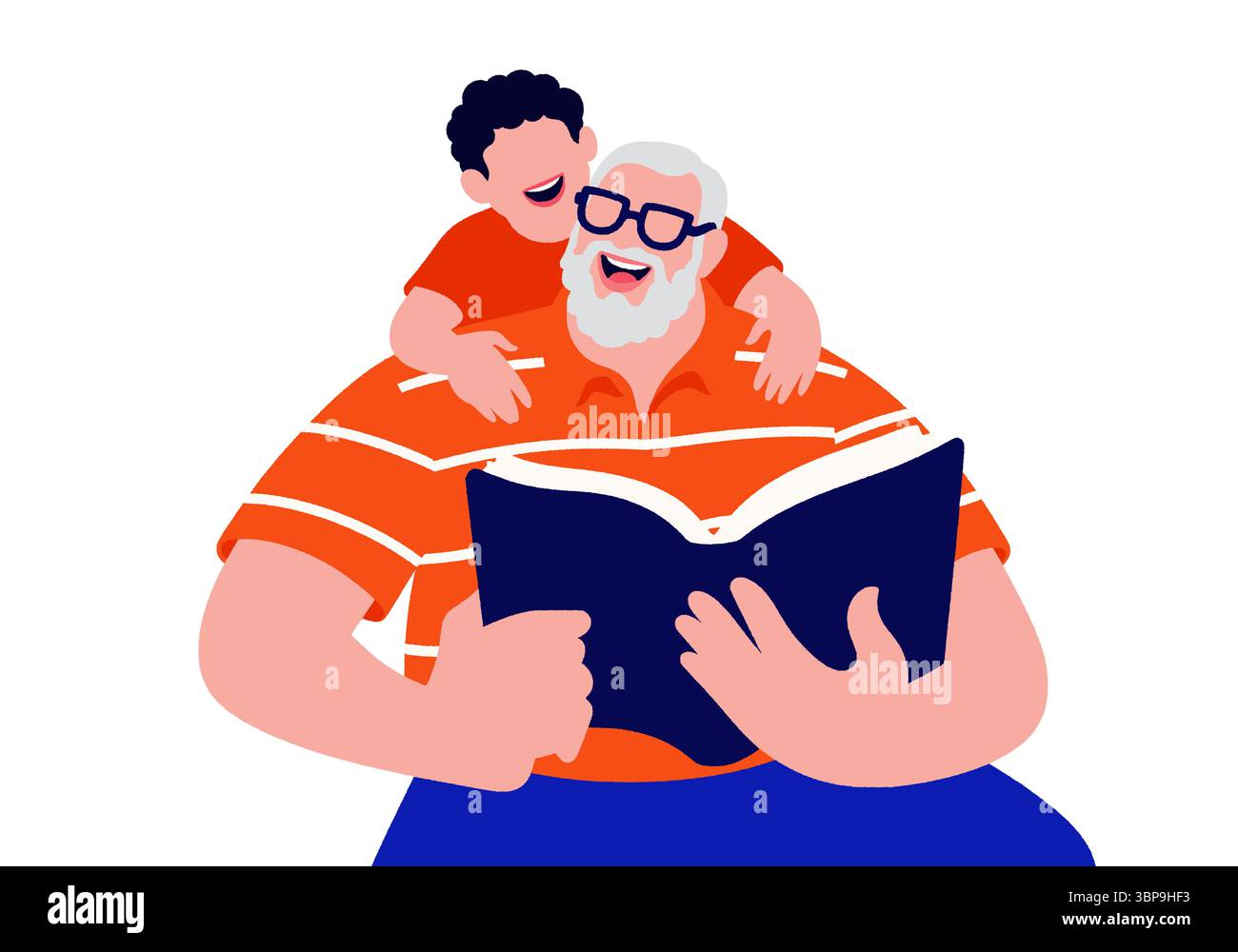 L'homme âgé lit le livre à l'enfant souriant avec un câlin sur une illustration de fond blanc Banque D'Images