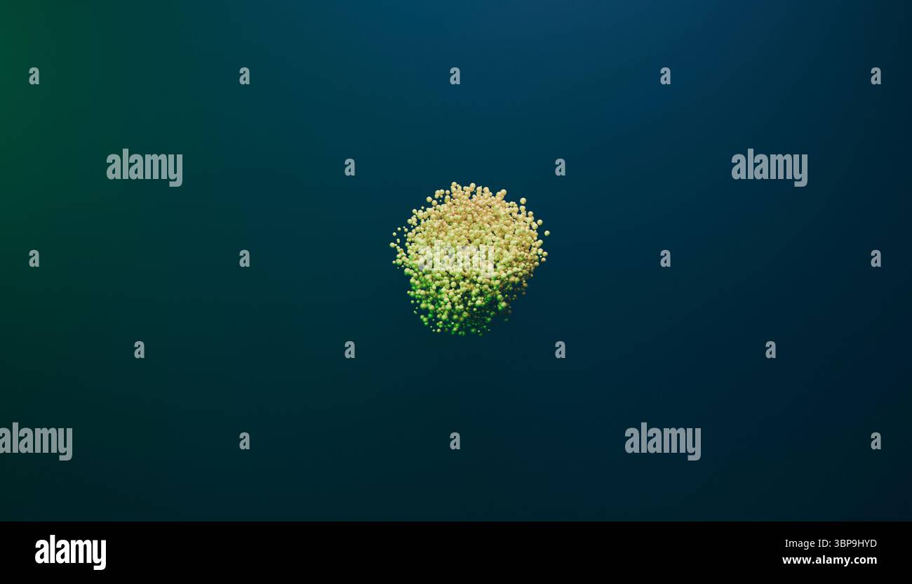 Grappe de sphères vertes et jaunes flottant sur un fond bleu foncé. Rendu 3D. Banque D'Images